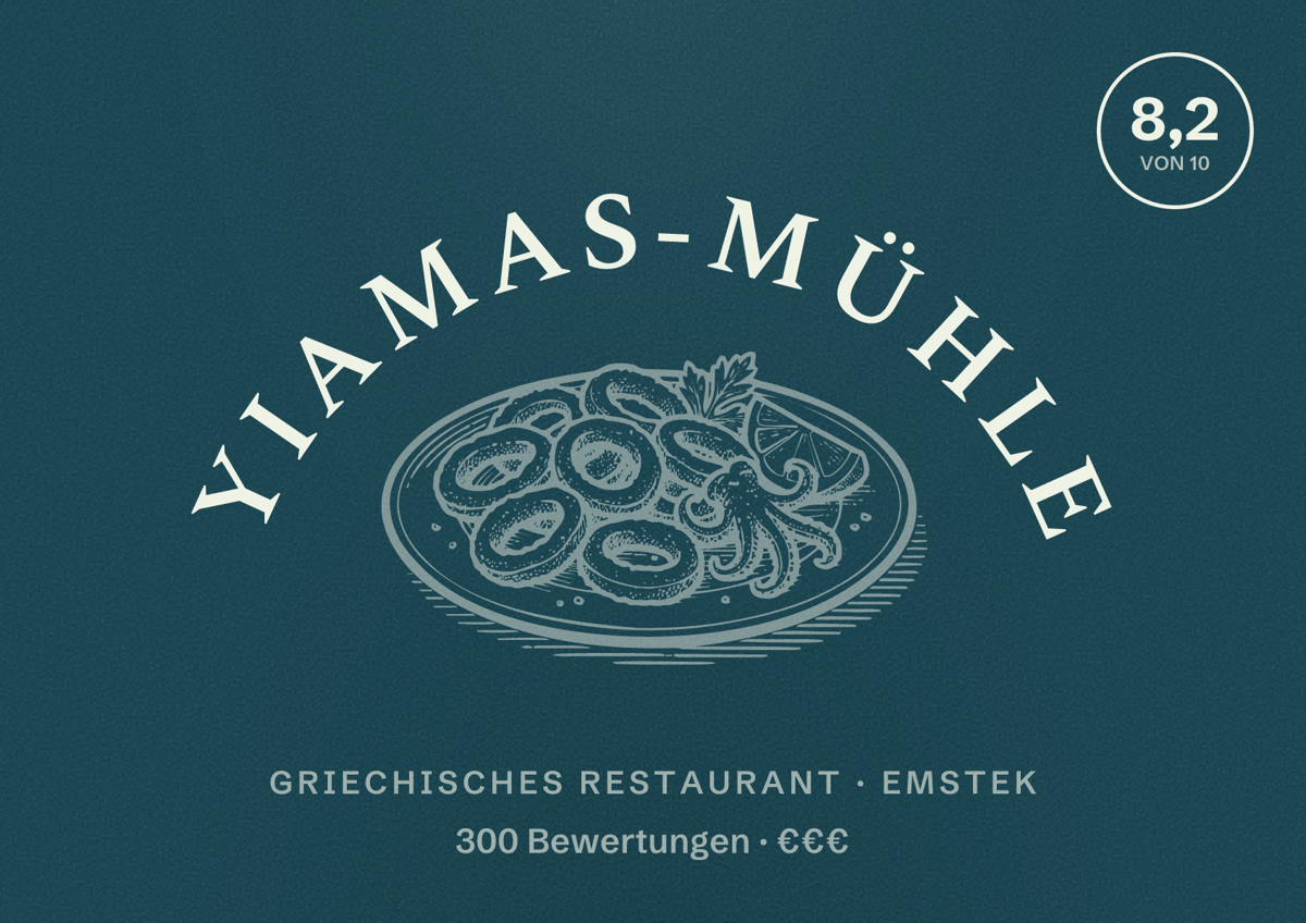Illustriertes Poster von YIAMAS-MÜHLE, Griechisches Restaurant in Emstek: Bewertung 8,2 von 10 aus 300 Bewertungen, Preisniveau €€€