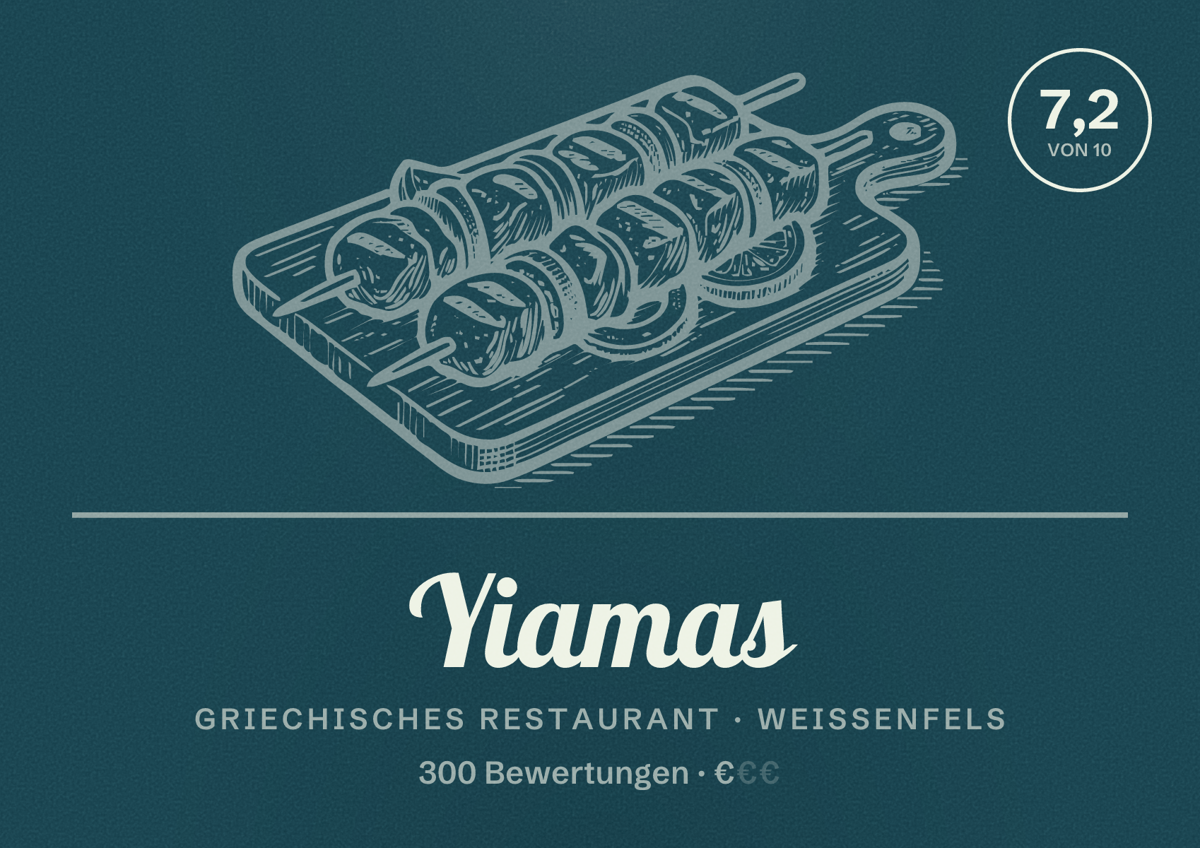 Illustriertes Poster von Yiamas, Griechisches Restaurant in Weißenfels: Bewertung 7,2 von 10 aus 300 Bewertungen, Preisniveau €