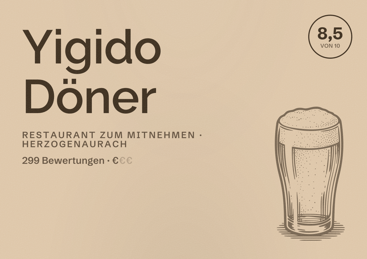Illustriertes Poster von Yigido Döner, Restaurant zum Mitnehmen in Herzogenaurach: Bewertung 8,5 von 10 aus 299 Bewertungen, Preisniveau €
