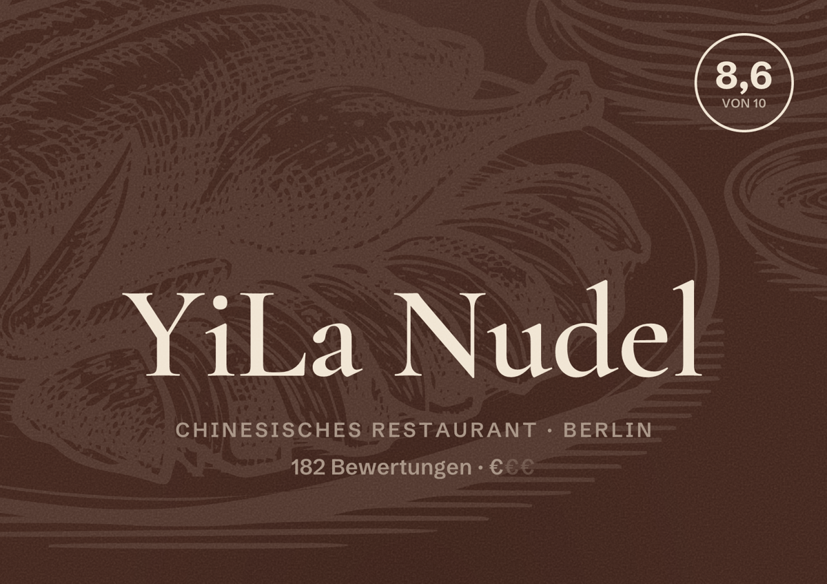 Illustriertes Poster von YiLa Nudel, Chinesisches Restaurant in Berlin: Bewertung 8,6 von 10 aus 182 Bewertungen, Preisniveau €