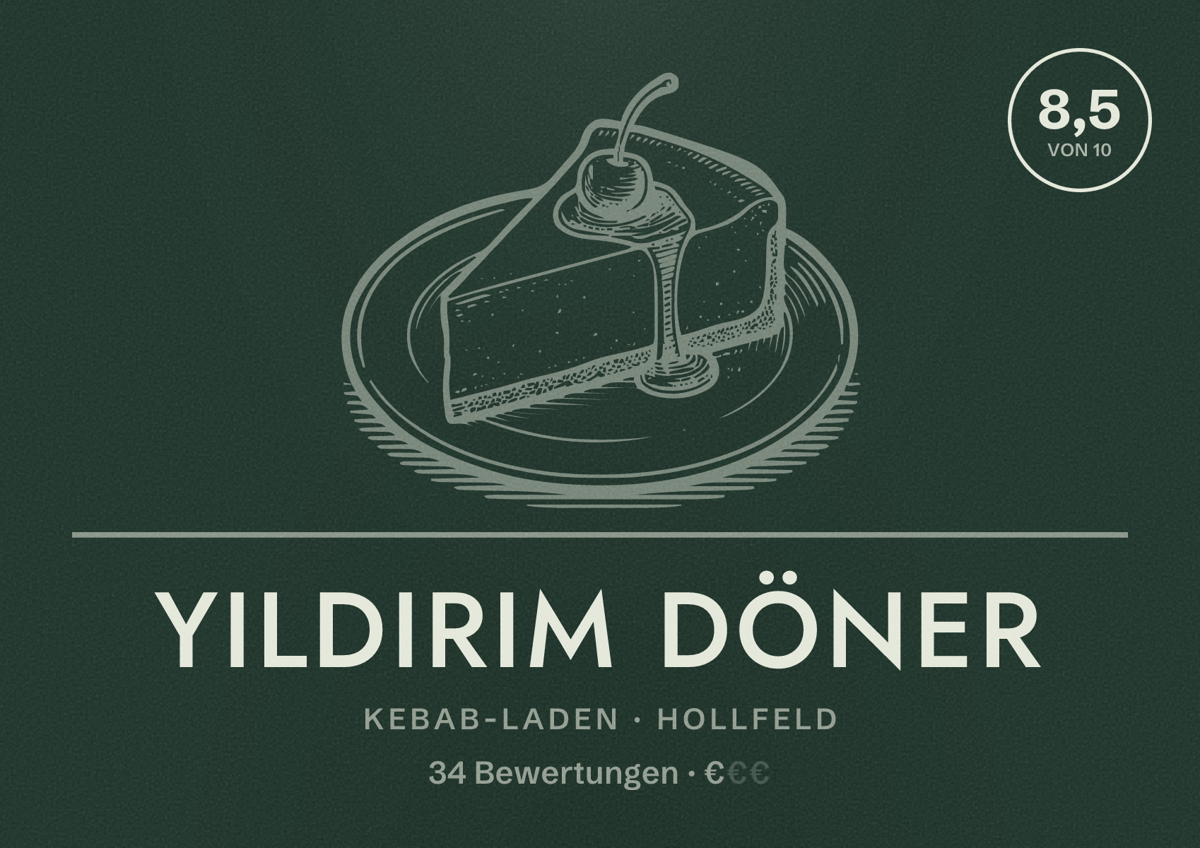 Illustriertes Poster von Yildirim Döner, Kebab-Laden in Hollfeld: Bewertung 8,5 von 10 aus 34 Bewertungen, Preisniveau €