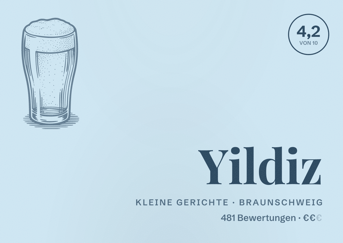 Illustriertes Poster von Yildiz, Kleine Gerichte in Braunschweig: Bewertung 4,2 von 10 aus 481 Bewertungen, Preisniveau €€