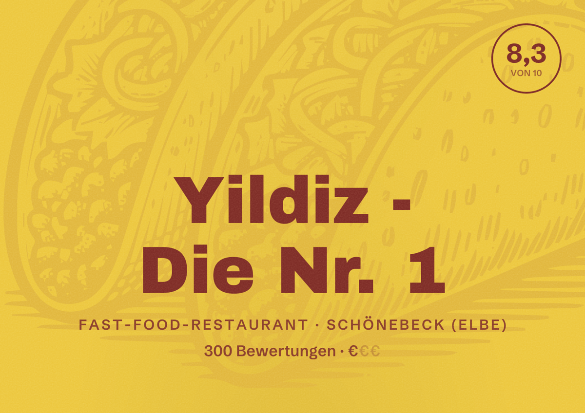 Illustriertes Poster von Yildiz - Die Nr. 1, Fast-Food-Restaurant in Schönebeck (Elbe): Bewertung 8,3 von 10 aus 300 Bewertungen, Preisniveau €