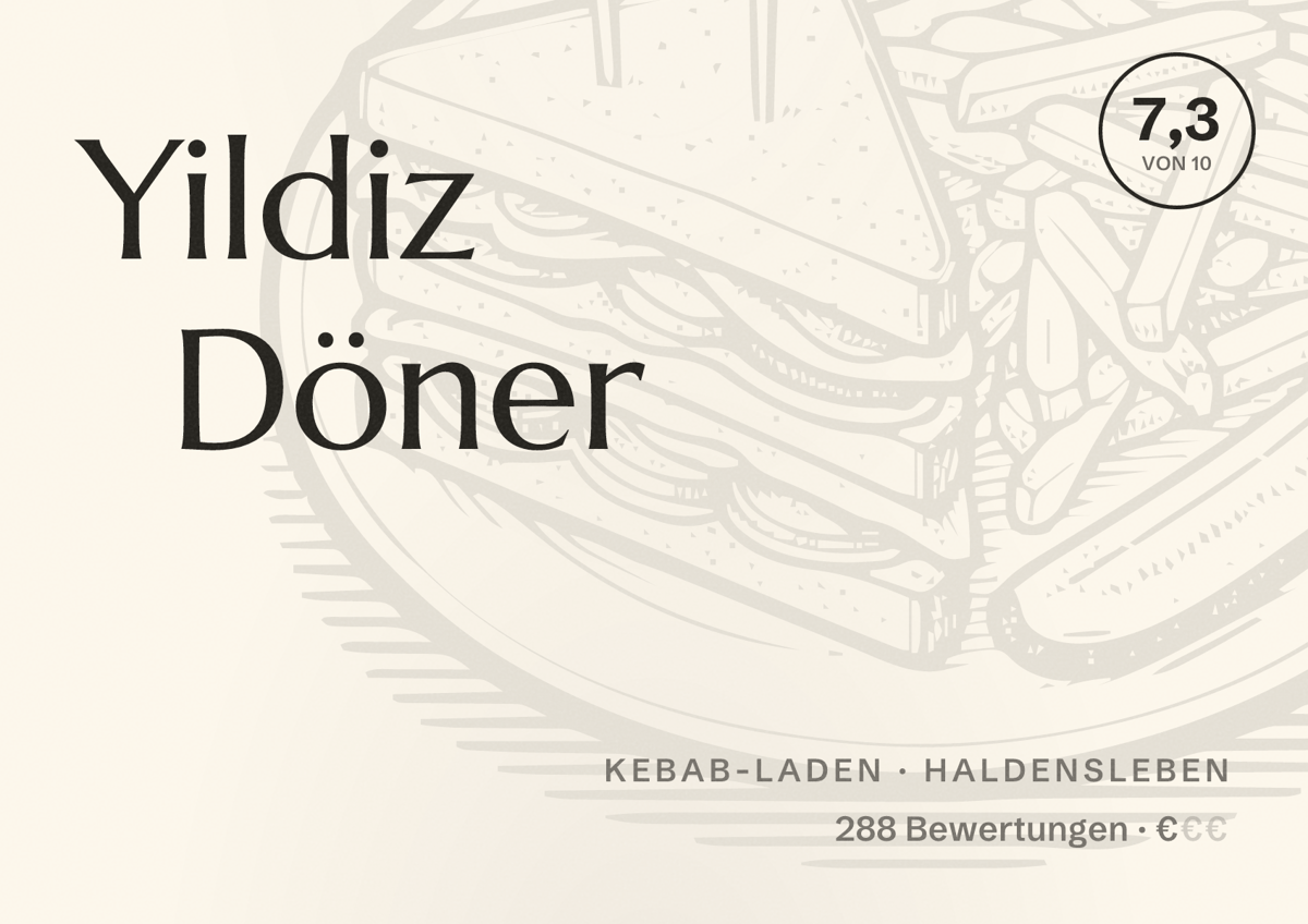 Illustriertes Poster von Yildiz Döner, Kebab-Laden in Haldensleben: Bewertung 7,3 von 10 aus 288 Bewertungen, Preisniveau €