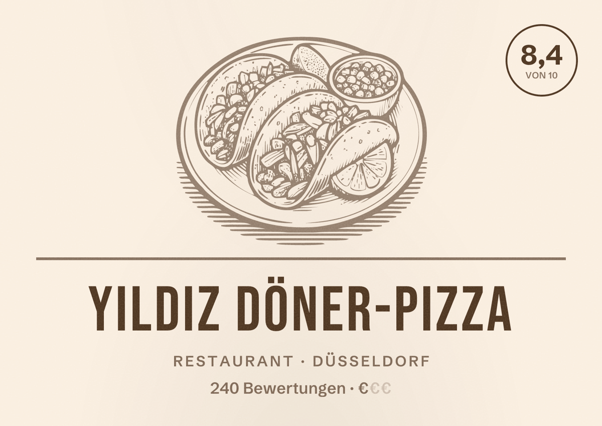 Illustriertes Poster von YILDIZ DÖNER-PIZZA, Restaurant in Düsseldorf: Bewertung 8,4 von 10 aus 240 Bewertungen, Preisniveau €
