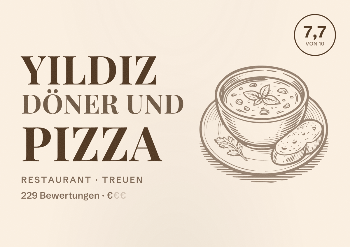 Illustriertes Poster von Yildiz Döner und Pizza, Restaurant in Treuen: Bewertung 7,7 von 10 aus 229 Bewertungen, Preisniveau €