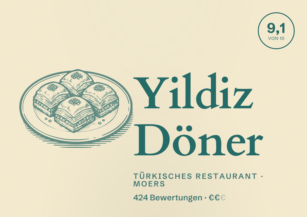 Illustriertes Poster von Yildiz Döner, Türkisches Restaurant in Moers: Bewertung 9,1 von 10 aus 424 Bewertungen, Preisniveau €€