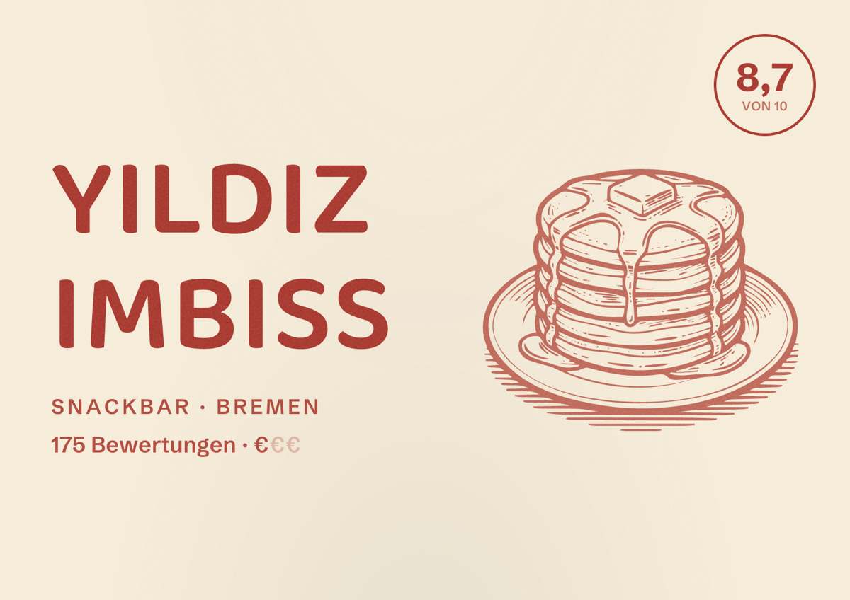Illustriertes Poster von Yildiz Imbiss, Snackbar in Bremen: Bewertung 8,7 von 10 aus 175 Bewertungen, Preisniveau €