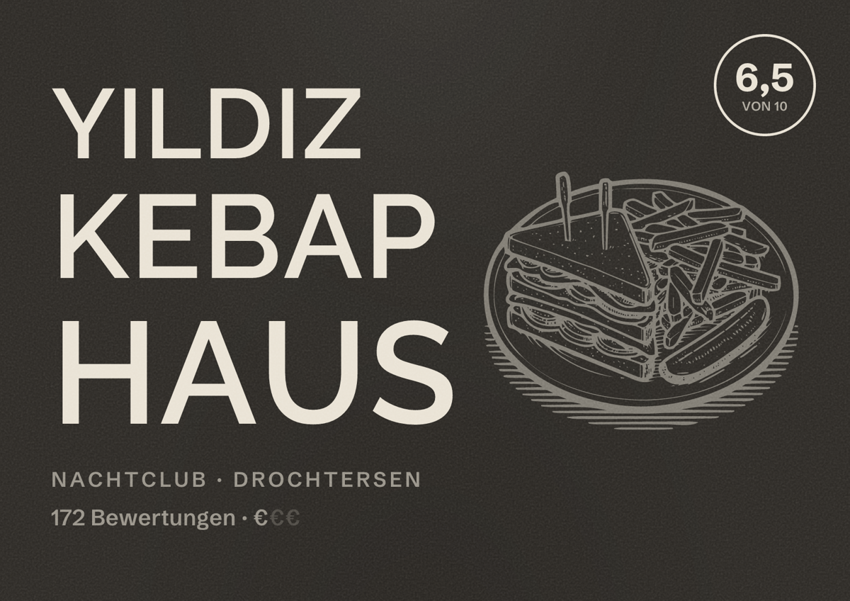 Illustriertes Poster von Yildiz Kebap Haus, Nachtclub in Drochtersen: Bewertung 6,5 von 10 aus 172 Bewertungen, Preisniveau €