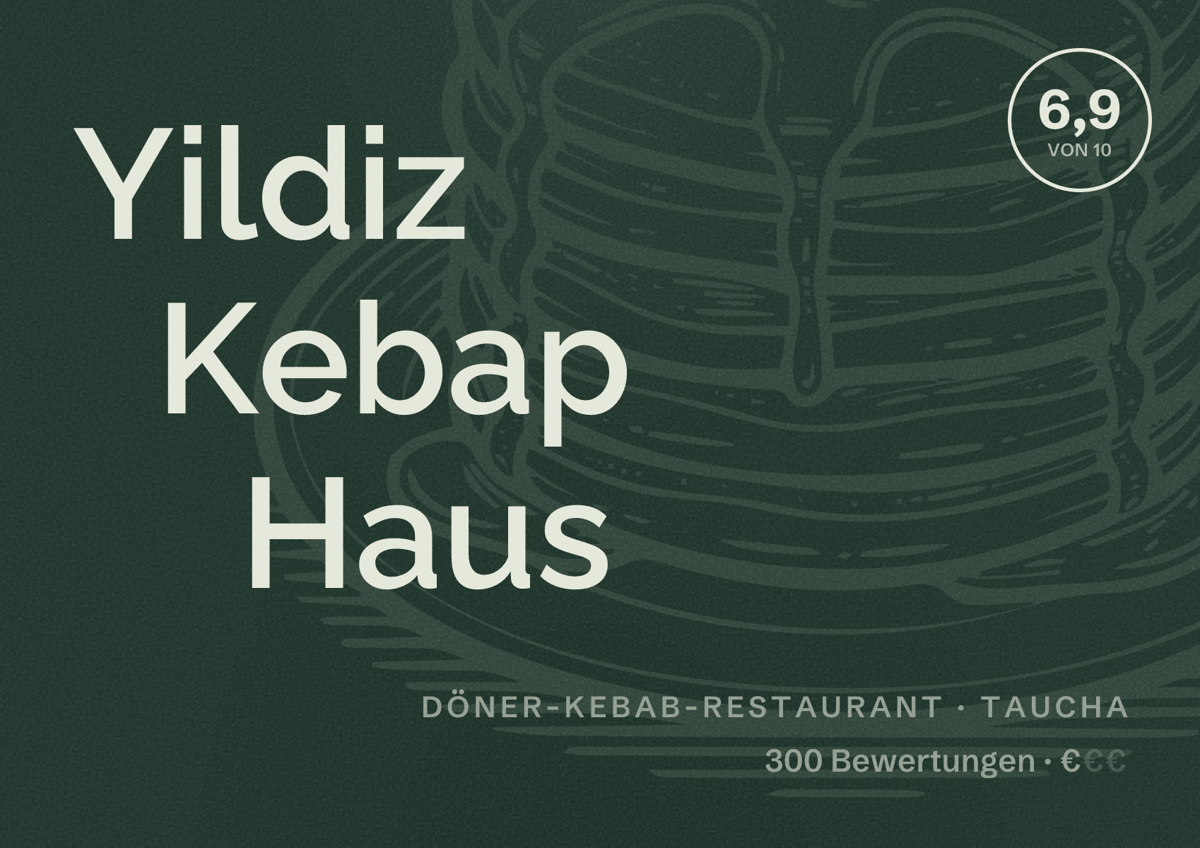 Illustriertes Poster von Yildiz Kebap Haus, Döner-Kebab-Restaurant in Taucha: Bewertung 6,9 von 10 aus 300 Bewertungen, Preisniveau €