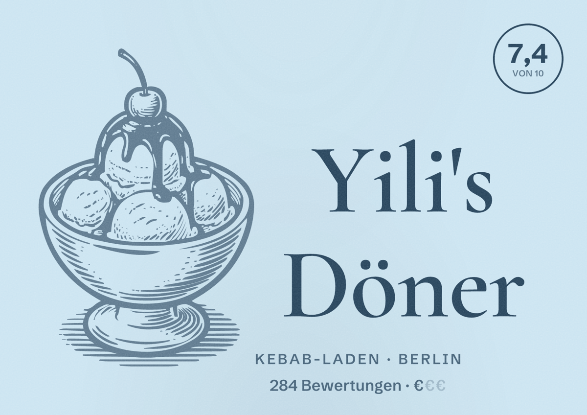 Illustriertes Poster von Yili's Döner, Kebab-Laden in Berlin: Bewertung 7,4 von 10 aus 284 Bewertungen, Preisniveau €