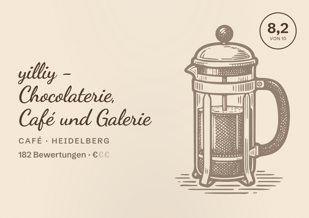 Illustriertes Poster von yilliy - Chocolaterie, Café und Galerie, Café in Heidelberg: Bewertung 8,2 von 10 aus 182 Bewertungen, Preisniveau €