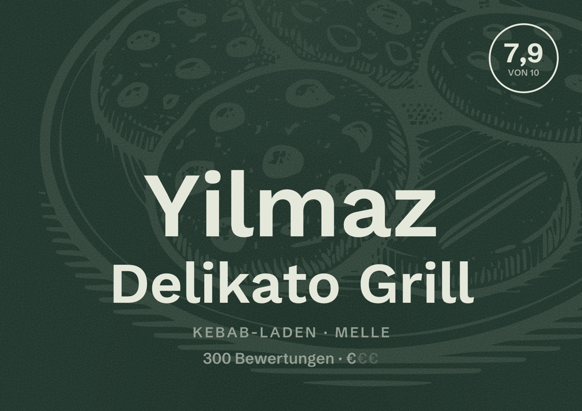 Illustriertes Poster von Yilmaz Delikato Grill, Kebab-Laden in Melle: Bewertung 7,9 von 10 aus 300 Bewertungen, Preisniveau €