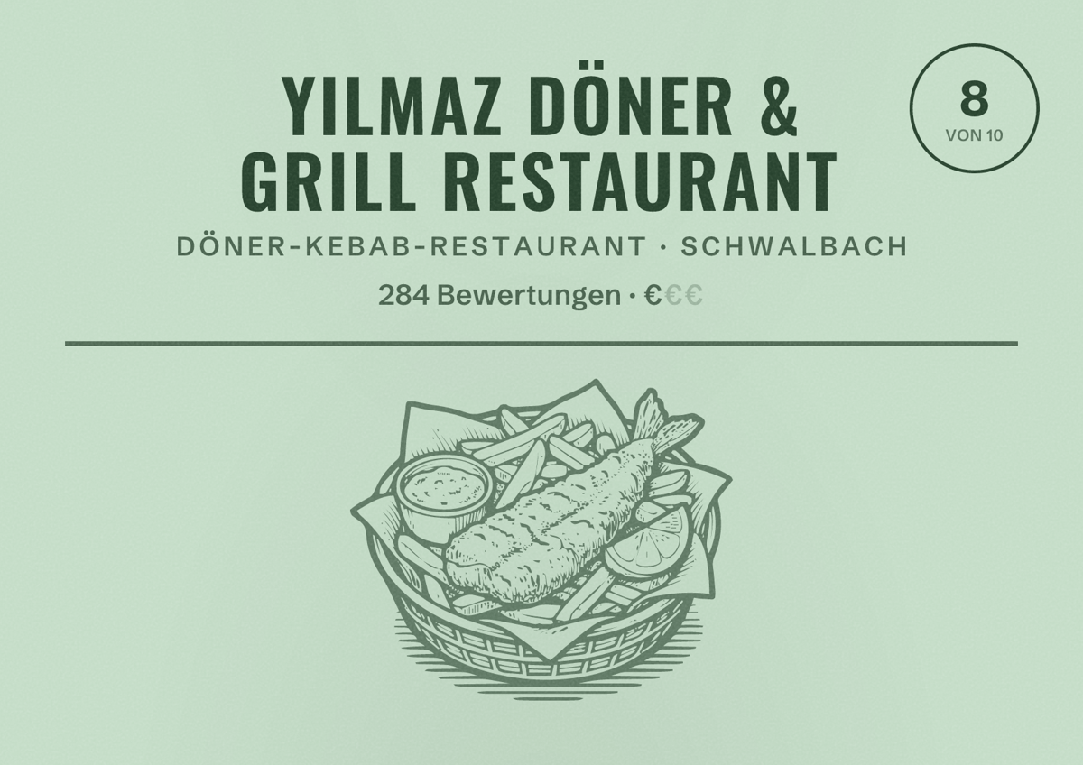 Illustriertes Poster von Yilmaz Döner & Grill Restaurant, Döner-Kebab-Restaurant in Schwalbach: Bewertung 8 von 10 aus 284 Bewertungen, Preisniveau €