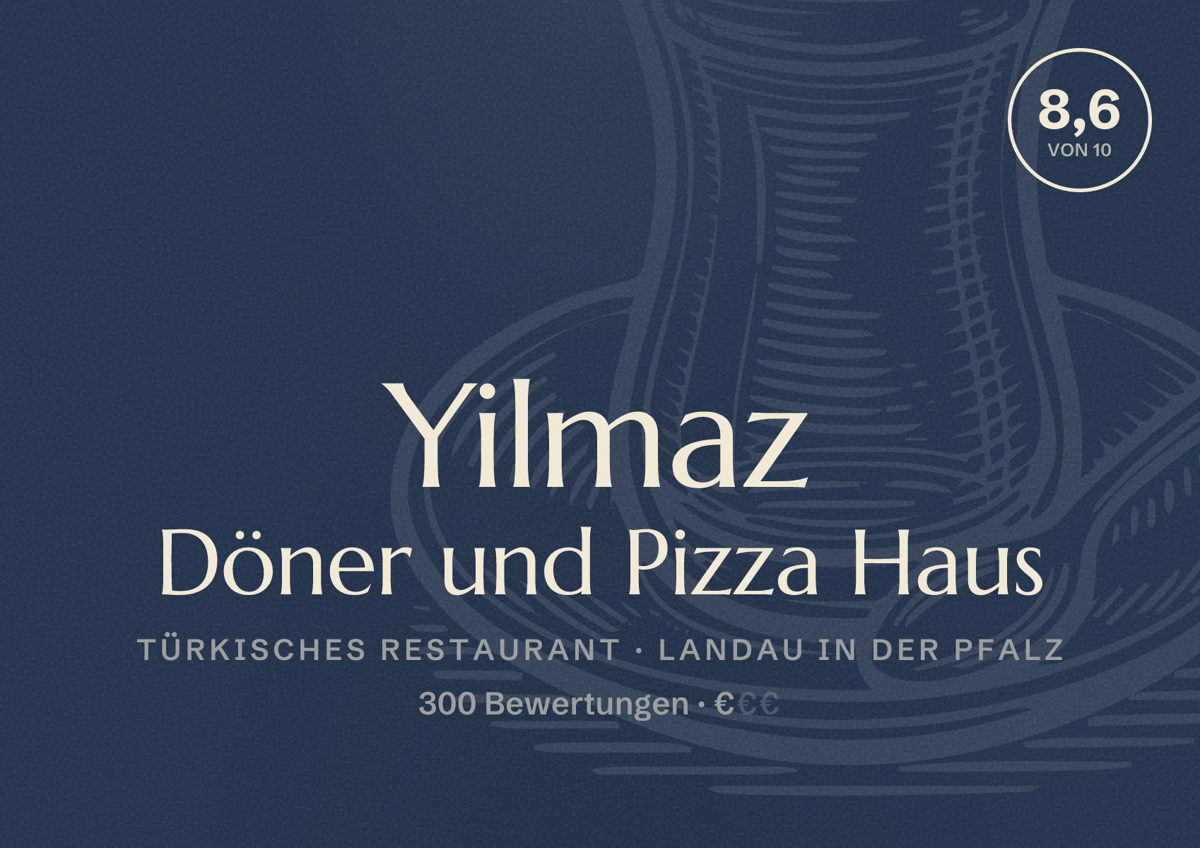 Illustriertes Poster von Yilmaz Döner und Pizza Haus, Türkisches Restaurant in Landau in der Pfalz: Bewertung 8,6 von 10 aus 300 Bewertungen, Preisniveau €