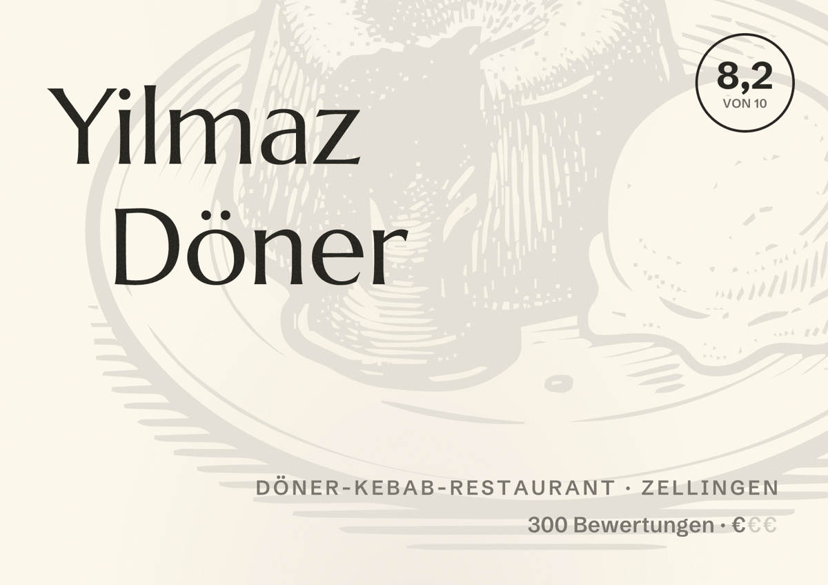 Illustriertes Poster von Yilmaz Döner, Döner-Kebab-Restaurant in Zellingen: Bewertung 8,2 von 10 aus 300 Bewertungen, Preisniveau €