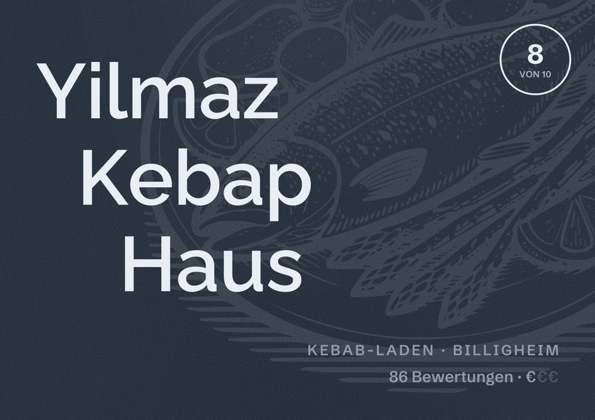 Illustriertes Poster von Yilmaz Kebap Haus, Kebab-Laden in Billigheim: Bewertung 8 von 10 aus 86 Bewertungen, Preisniveau €
