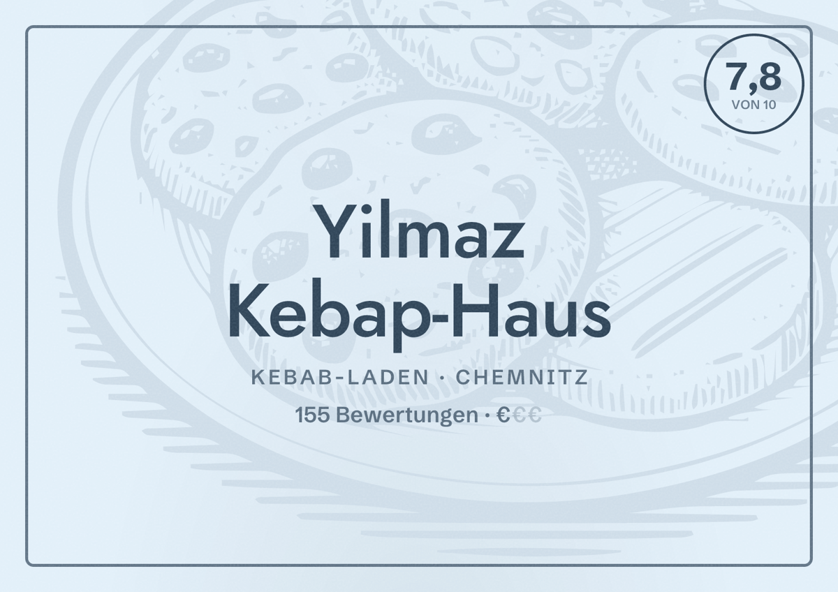 Illustriertes Poster von Yilmaz Kebap-Haus, Kebab-Laden in Chemnitz: Bewertung 7,8 von 10 aus 155 Bewertungen, Preisniveau €