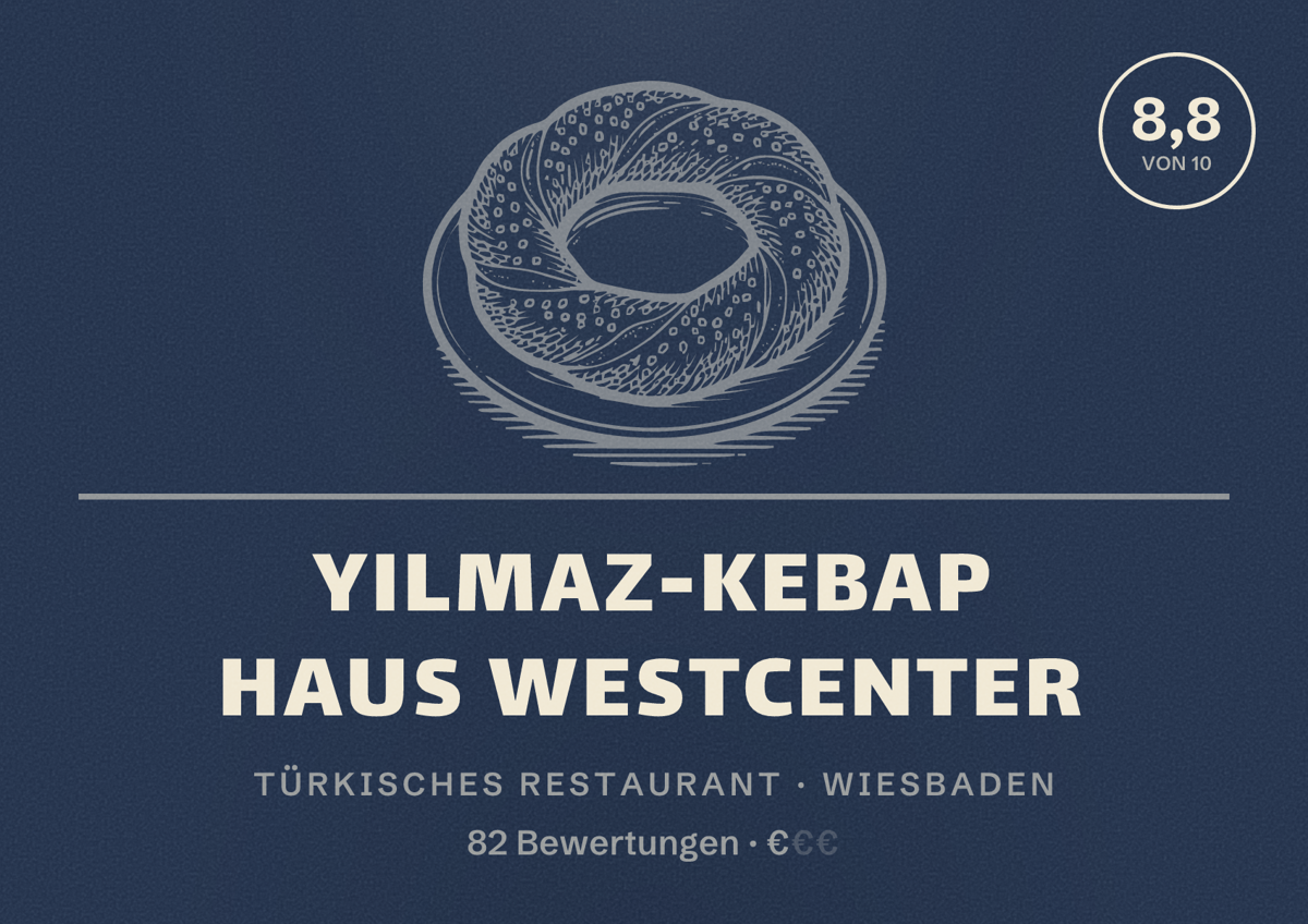 Illustriertes Poster von Yilmaz-Kebap Haus Westcenter, Türkisches Restaurant in Wiesbaden: Bewertung 8,8 von 10 aus 82 Bewertungen, Preisniveau €