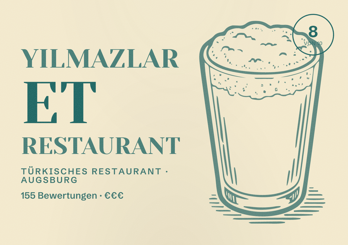 Illustriertes Poster von Yilmazlar Et Restaurant, Türkisches Restaurant in Augsburg: Bewertung 8,0 von 10 aus 155 Bewertungen, Preisniveau €€€