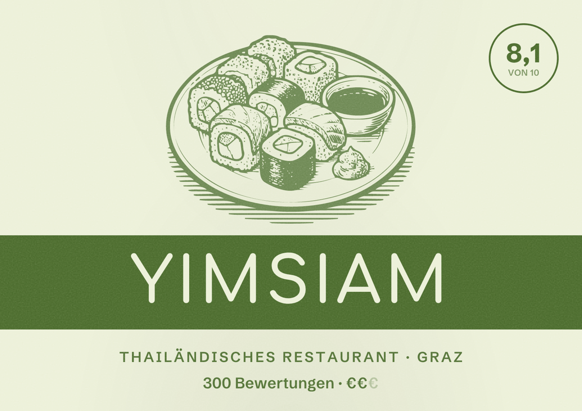 Illustriertes Poster von YimSiam, Thailändisches Restaurant in Graz: Bewertung 8,1 von 10 aus 300 Bewertungen, Preisniveau €€