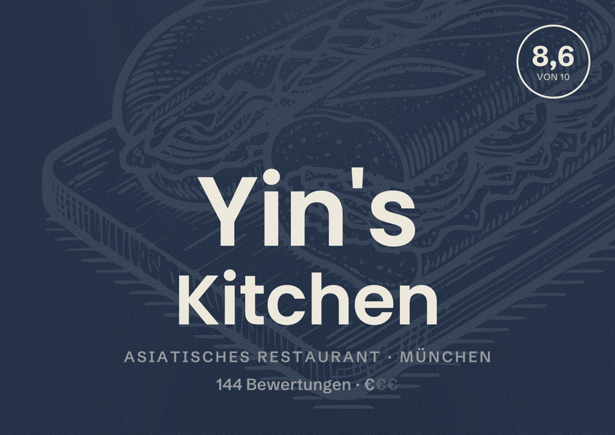 Illustriertes Poster von Yin's Kitchen, Asiatisches Restaurant in München: Bewertung 8,6 von 10 aus 144 Bewertungen, Preisniveau €