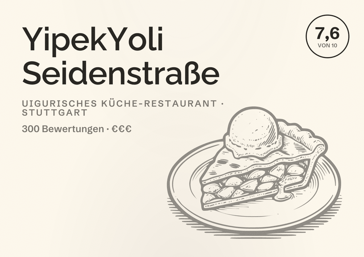 Illustriertes Poster von YipekYoli Seidenstraße, Uigurisches Küche-Restaurant in Stuttgart: Bewertung 7,6 von 10 aus 300 Bewertungen, Preisniveau €€€