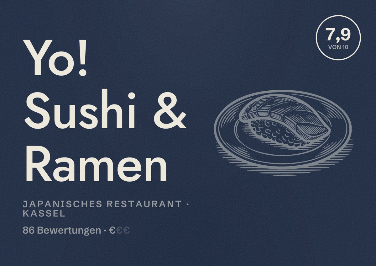 Illustriertes Poster von Yo! Sushi & Ramen, Japanisches Restaurant in Kassel: Bewertung 7,9 von 10 aus 86 Bewertungen, Preisniveau €