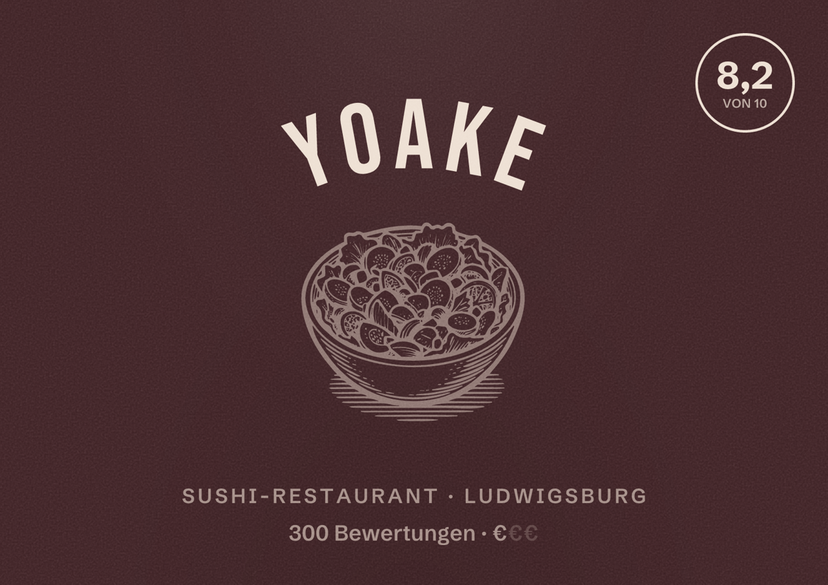 Illustriertes Poster von Yoake, Sushi-Restaurant in Ludwigsburg: Bewertung 8,2 von 10 aus 300 Bewertungen, Preisniveau €