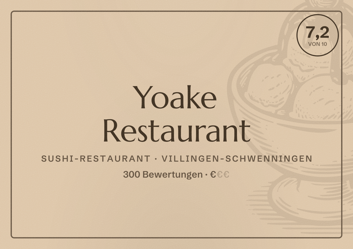 Illustriertes Poster von Yoake Restaurant, Sushi-Restaurant in Villingen-Schwenningen: Bewertung 7,2 von 10 aus 300 Bewertungen, Preisniveau €