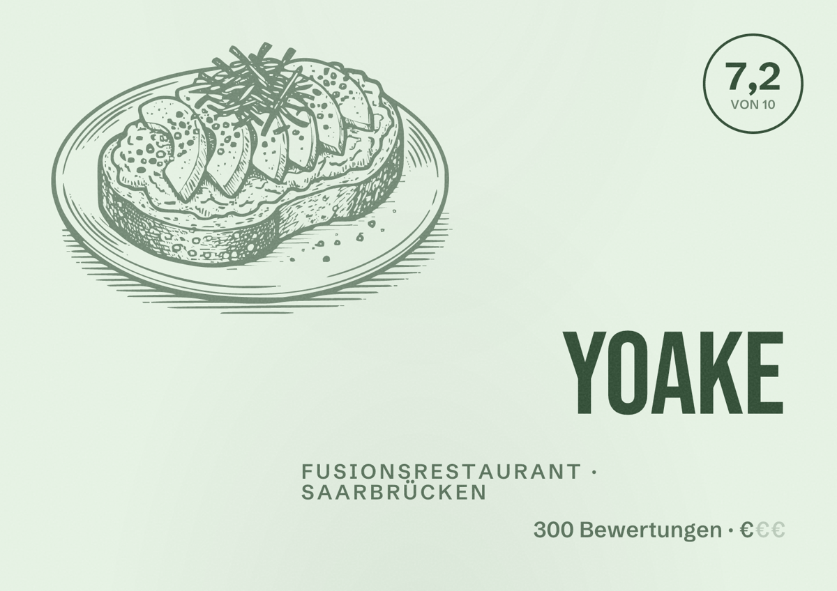 Illustriertes Poster von Yoake, Fusionsrestaurant in Saarbrücken: Bewertung 7,2 von 10 aus 300 Bewertungen, Preisniveau €