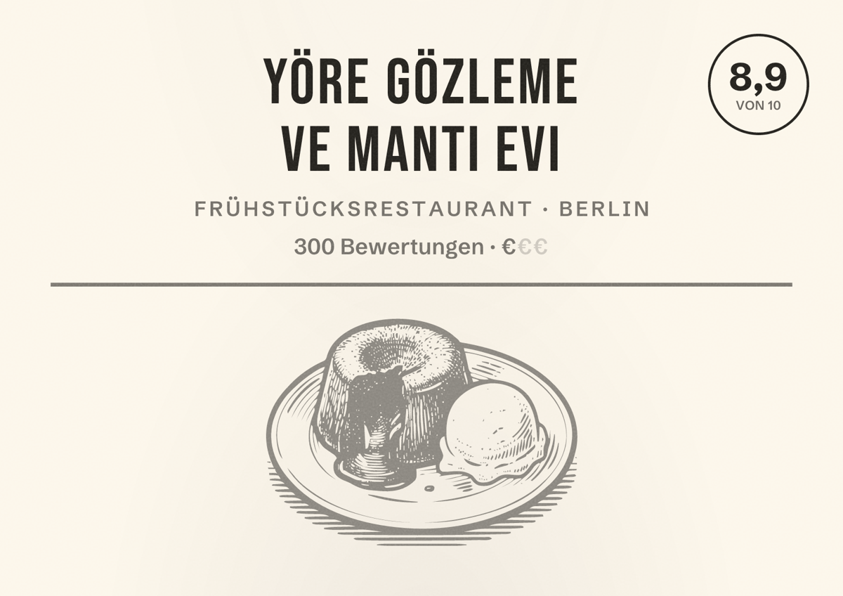 Illustriertes Poster von Yöre Gözleme ve Mantı Evi, Frühstücksrestaurant in Berlin: Bewertung 8,9 von 10 aus 300 Bewertungen, Preisniveau €