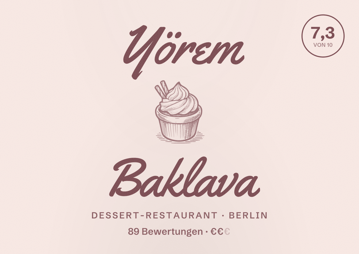 Illustriertes Poster von Yörem Baklava, Dessert-Restaurant in Berlin: Bewertung 7,3 von 10 aus 89 Bewertungen, Preisniveau €€