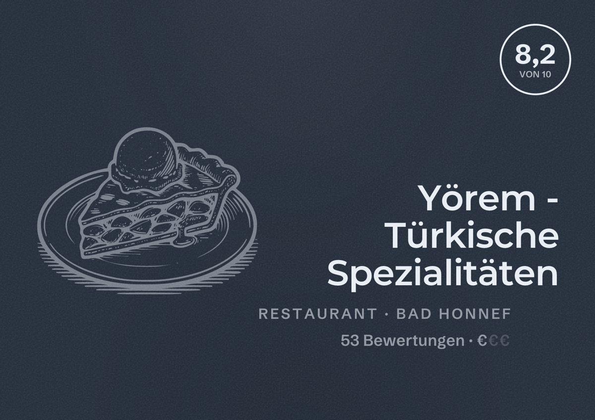 Illustriertes Poster von Yörem - Türkische Spezialitäten, Restaurant in Bad Honnef: Bewertung 8,2 von 10 aus 53 Bewertungen, Preisniveau €