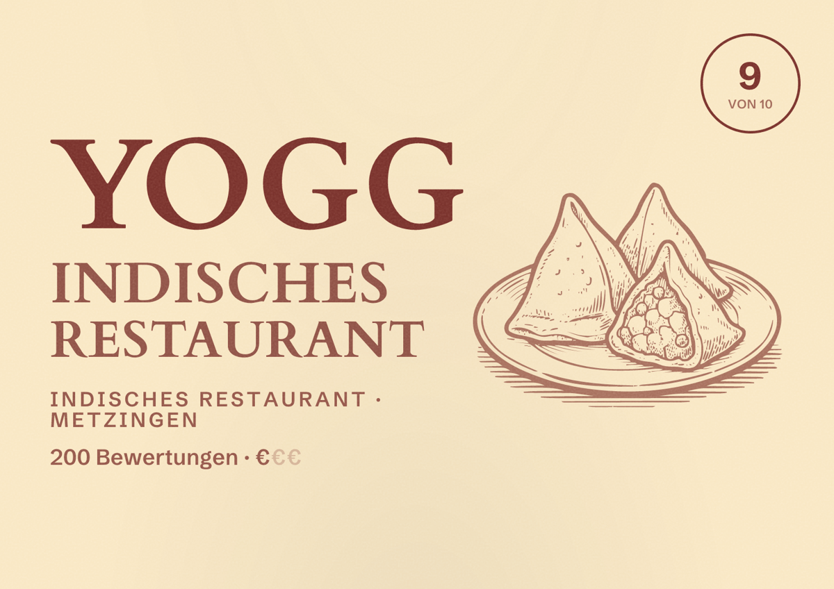 Illustriertes Poster von Yogg indisches Restaurant, Indisches Restaurant in Metzingen: Bewertung 9 von 10 aus 200 Bewertungen, Preisniveau €