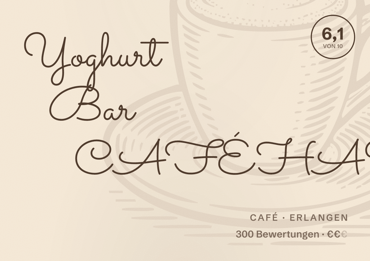 Illustriertes Poster von Yoghurt Bar CAFÉHAUS, Café in Erlangen: Bewertung 6,1 von 10 aus 300 Bewertungen, Preisniveau €€