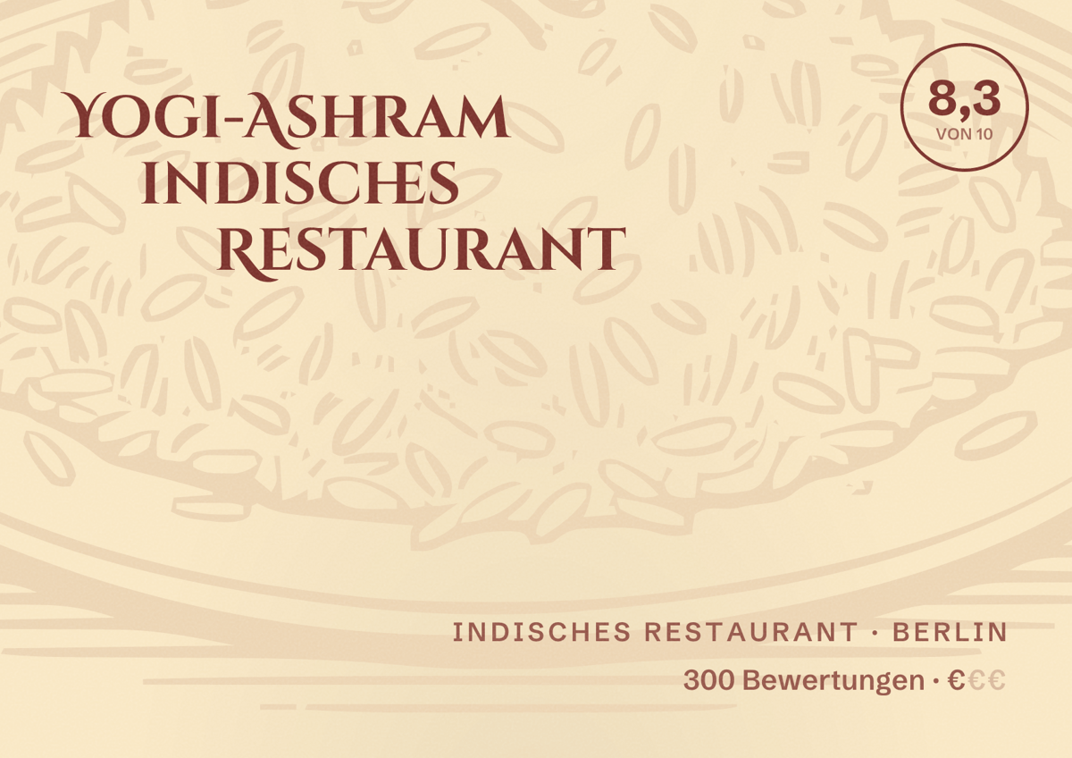 Illustriertes Poster von Yogi-Ashram indisches Restaurant, Indisches Restaurant in Berlin: Bewertung 8,3 von 10 aus 300 Bewertungen, Preisniveau €