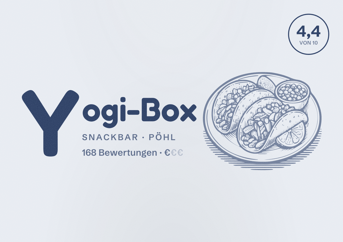 Illustriertes Poster von Yogi-Box, Snackbar in Pöhl: Bewertung 4,4 von 10 aus 168 Bewertungen, Preisniveau €