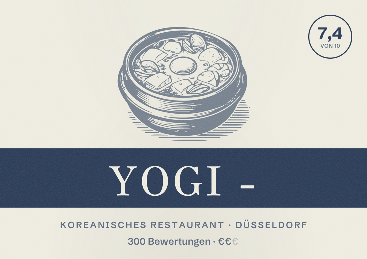 Illustriertes Poster von YoGi -, Koreanisches Restaurant in Düsseldorf: Bewertung 7,4 von 10 aus 300 Bewertungen, Preisniveau €€
