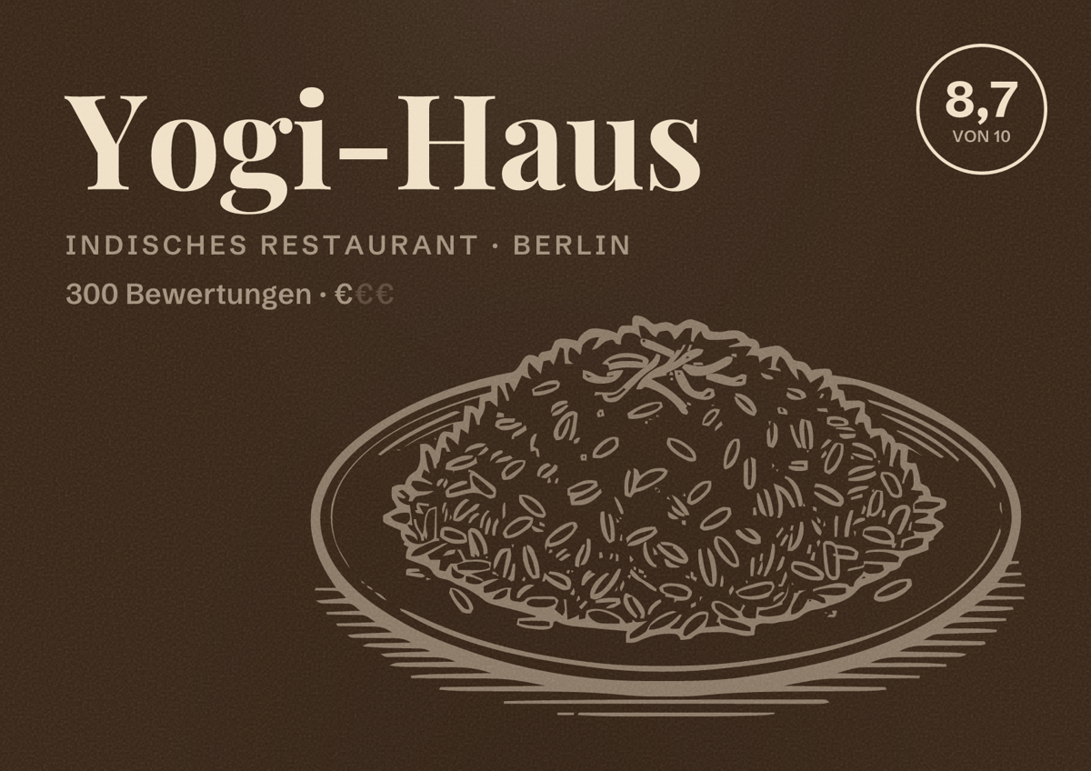 Illustriertes Poster von Yogi-Haus, Indisches Restaurant in Berlin: Bewertung 8,7 von 10 aus 300 Bewertungen, Preisniveau €
