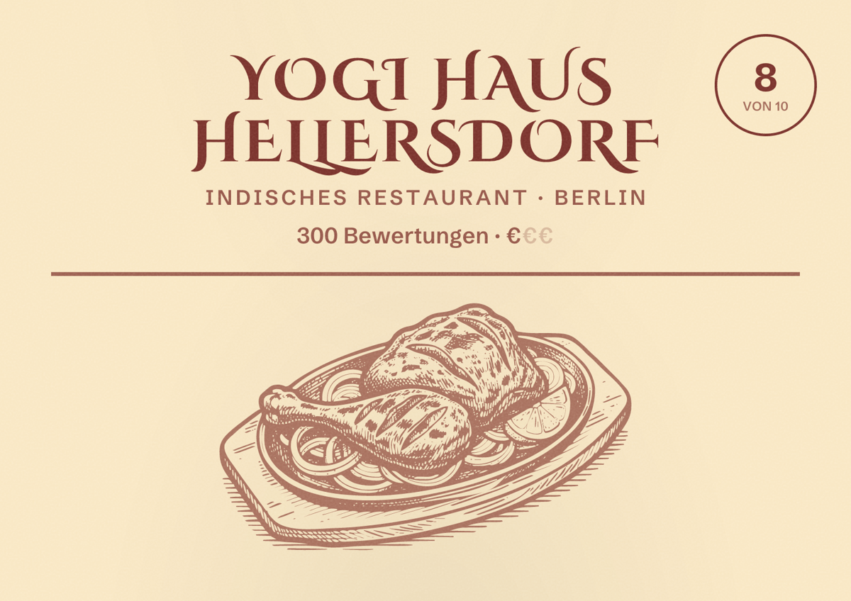 Illustriertes Poster von YOGI HAUS Hellersdorf, Indisches Restaurant in Berlin: Bewertung 8,0 von 10 aus 300 Bewertungen, Preisniveau €