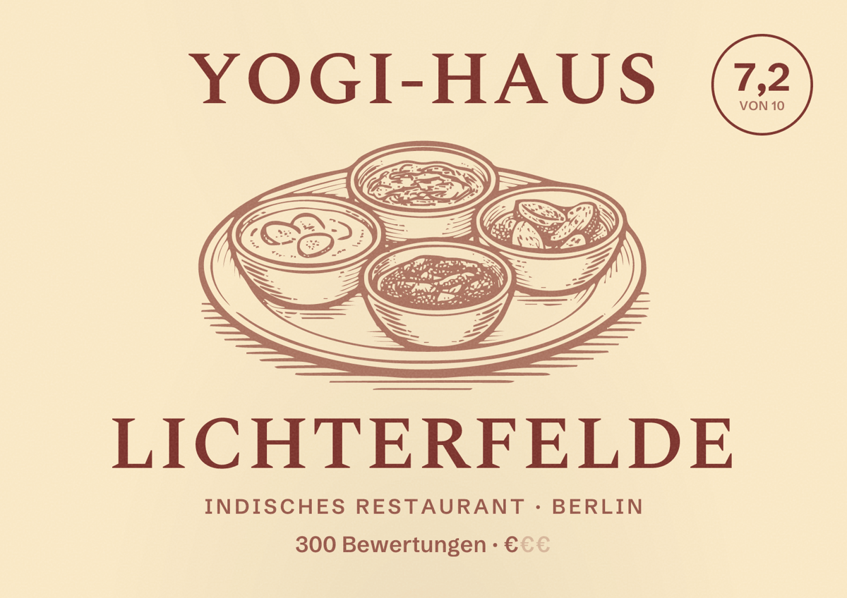 Illustriertes Poster von Yogi-Haus Lichterfelde, Indisches Restaurant in Berlin: Bewertung 7,2 von 10 aus 300 Bewertungen, Preisniveau €
