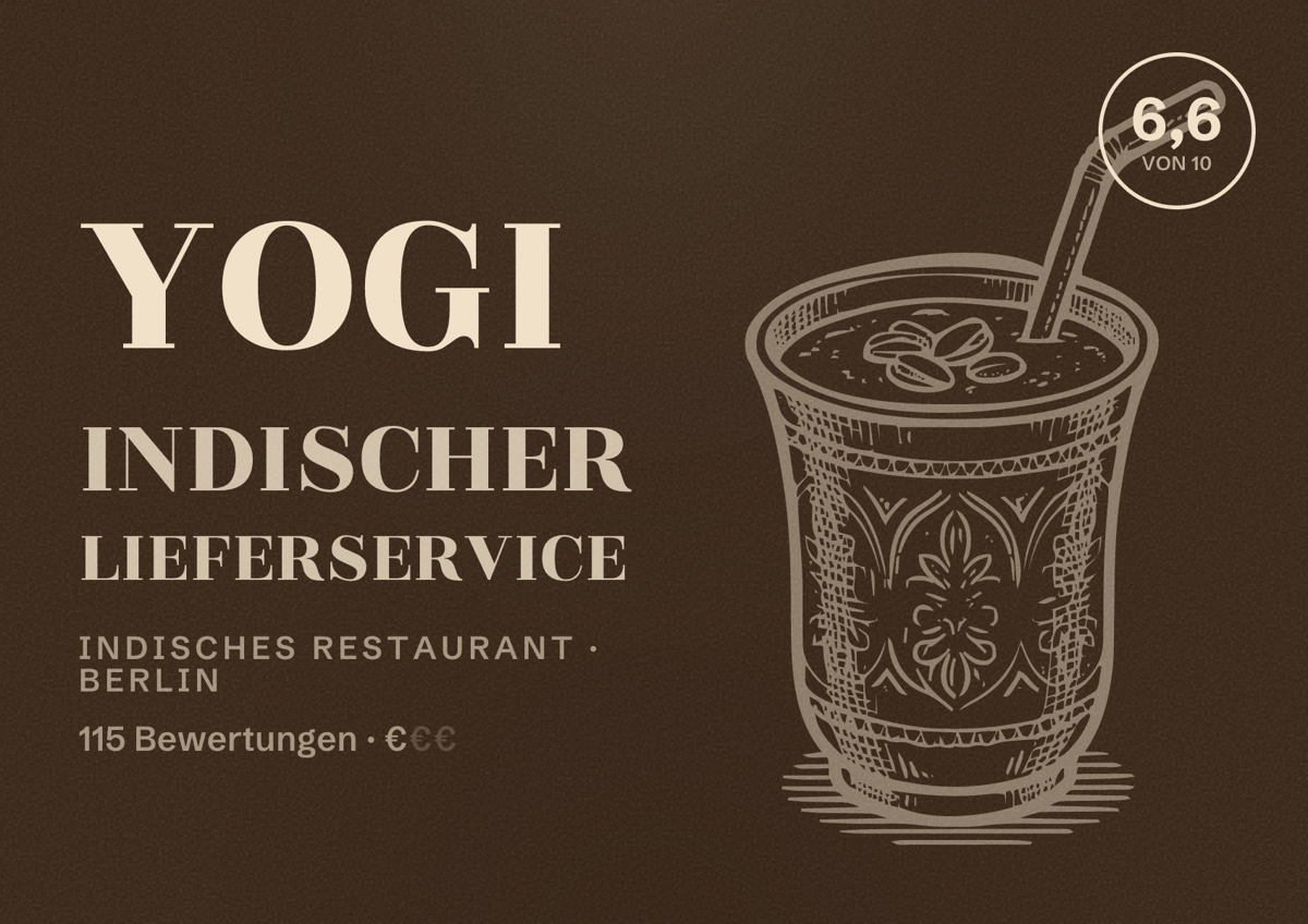 Illustriertes Poster von Yogi indischer Lieferservice, Indisches Restaurant in Berlin: Bewertung 6,6 von 10 aus 115 Bewertungen, Preisniveau €