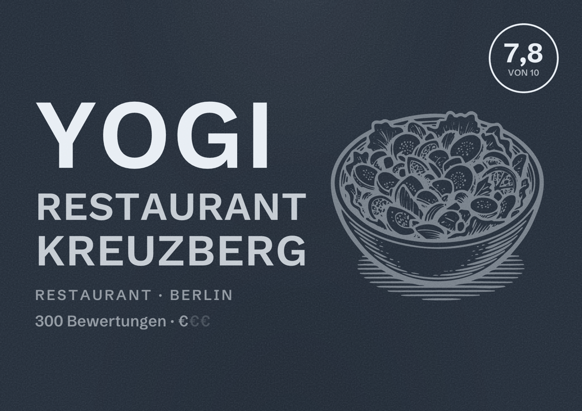 Illustriertes Poster von Yogi Restaurant Kreuzberg, Restaurant in Berlin: Bewertung 7,8 von 10 aus 300 Bewertungen, Preisniveau €