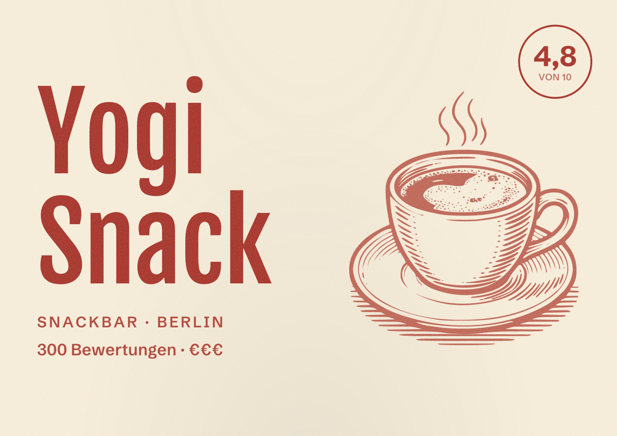 Illustriertes Poster von Yogi Snack, Snackbar in Berlin: Bewertung 4,8 von 10 aus 300 Bewertungen, Preisniveau €€€