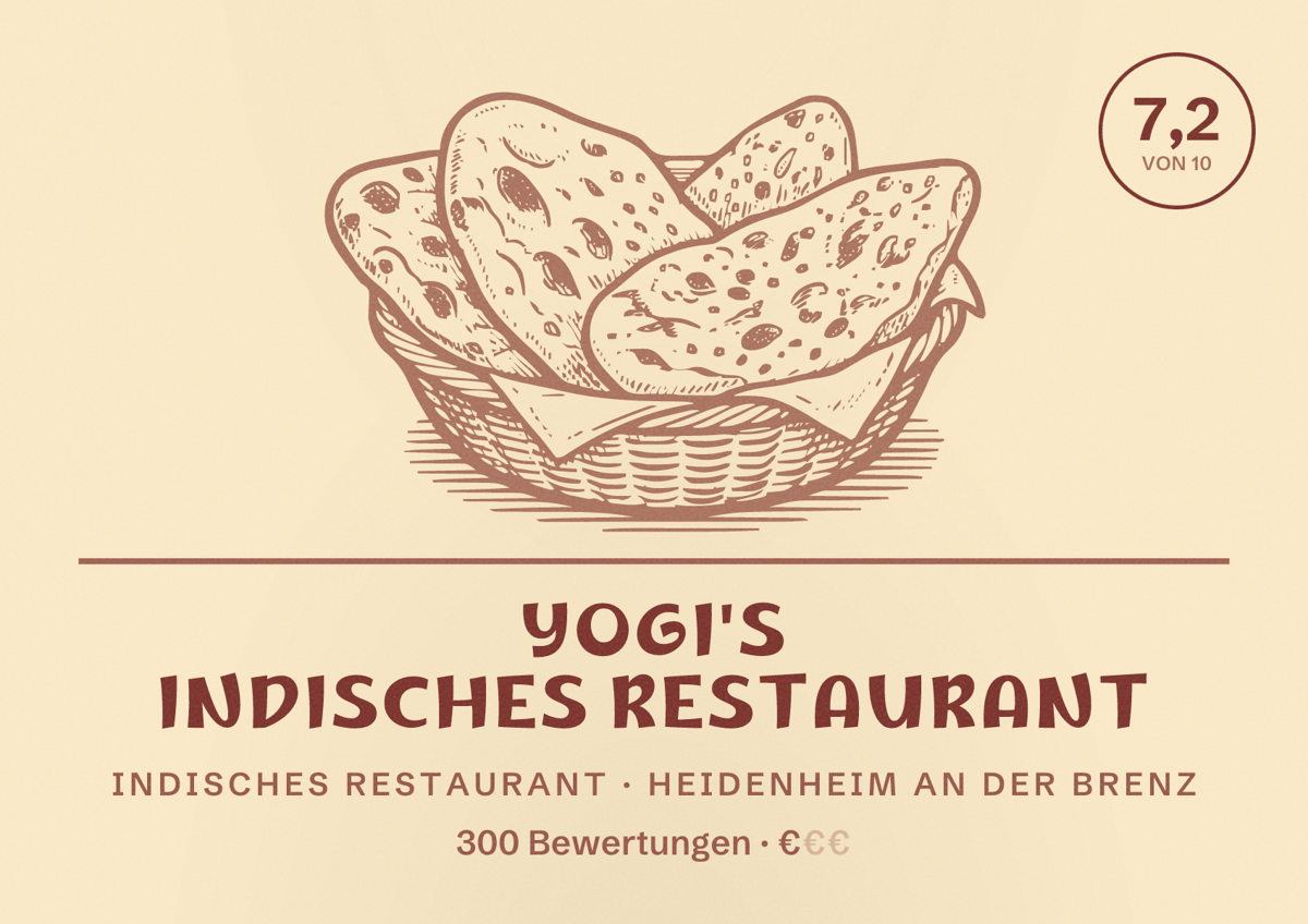 Illustriertes Poster von Yogi's Indisches Restaurant, Indisches Restaurant in Heidenheim an der Brenz: Bewertung 7,2 von 10 aus 300 Bewertungen, Preisniveau €