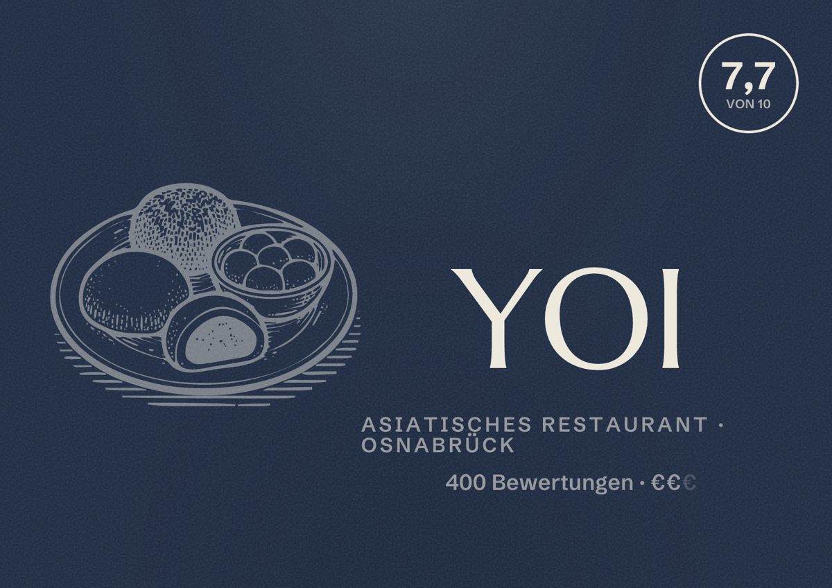 Illustriertes Poster von YOI, Asiatisches Restaurant in Osnabrück: Bewertung 7,7 von 10 aus 400 Bewertungen, Preisniveau €€