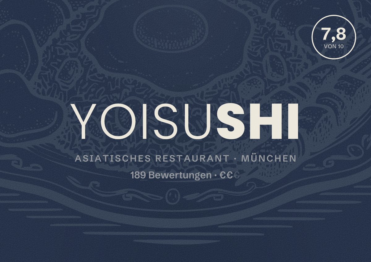 Illustriertes Poster von Yoisushi, Asiatisches Restaurant in München: Bewertung 7,8 von 10 aus 189 Bewertungen, Preisniveau €€