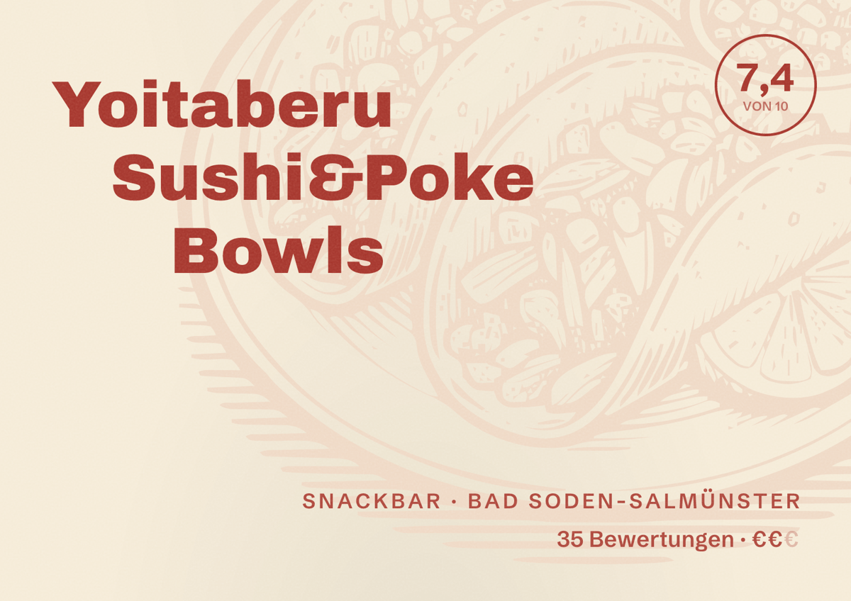 Illustriertes Poster von Yoitaberu Sushi&Poke Bowls, Snackbar in Bad Soden-Salmünster: Bewertung 7,4 von 10 aus 35 Bewertungen, Preisniveau €€