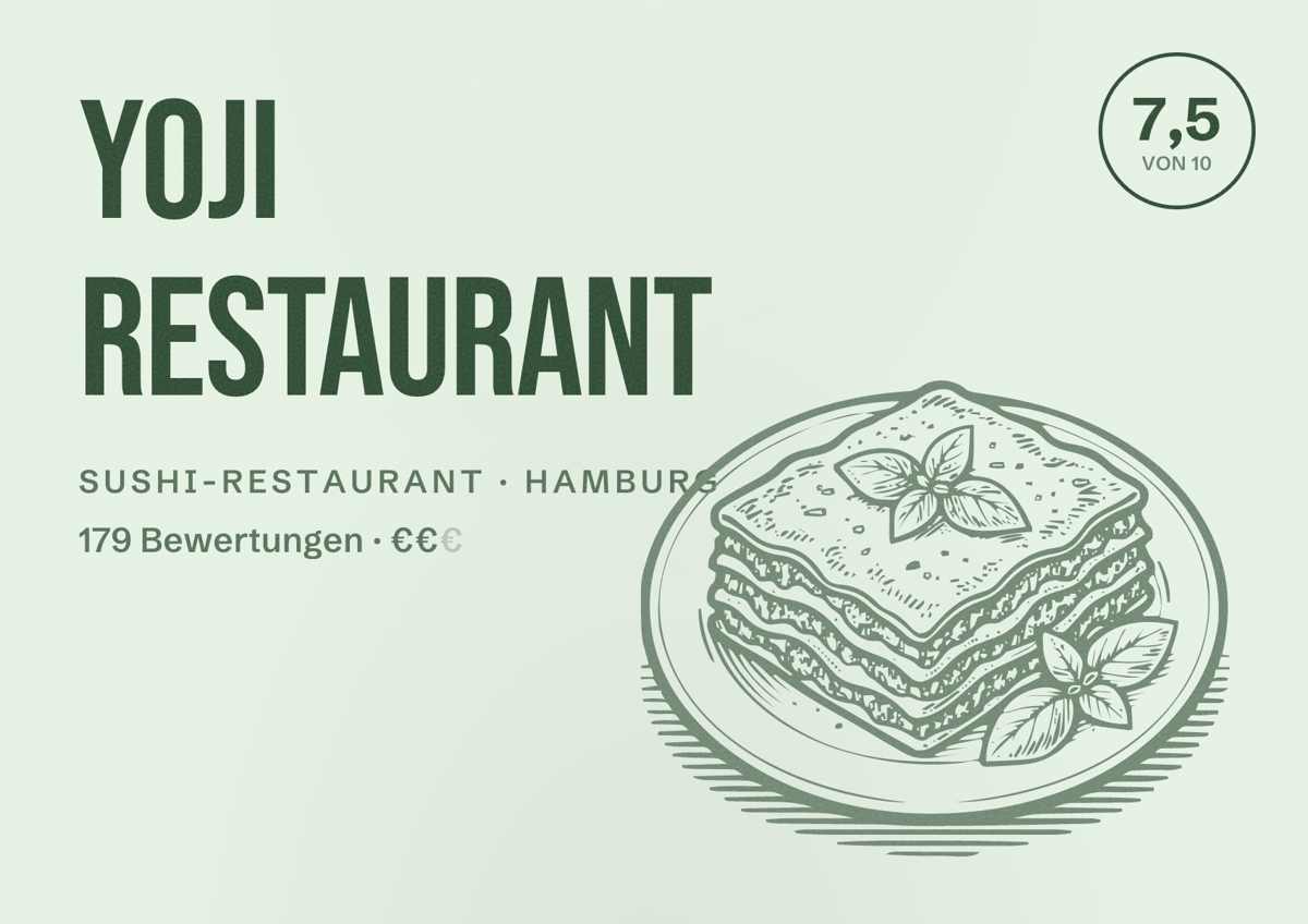 Illustriertes Poster von Yoji Restaurant, Sushi-Restaurant in Hamburg: Bewertung 7,5 von 10 aus 179 Bewertungen, Preisniveau €€